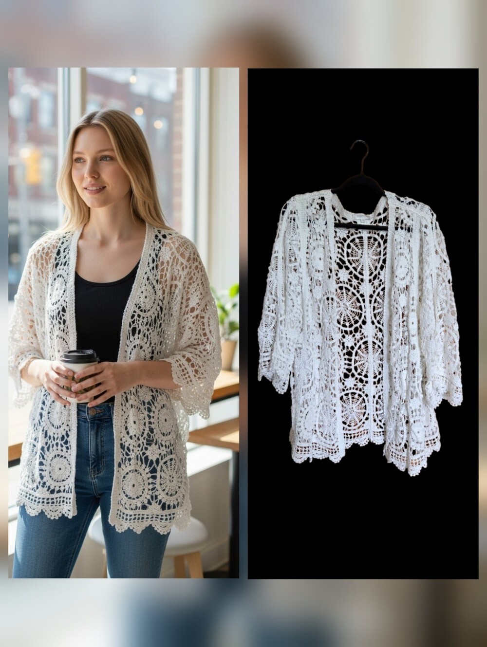 White Crochet Knit Cardigan Womens XXL Boho Coastal Beachy Mosnova Boutique